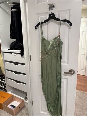 Sage Green Embroidered Dress with Spaghetti Straps